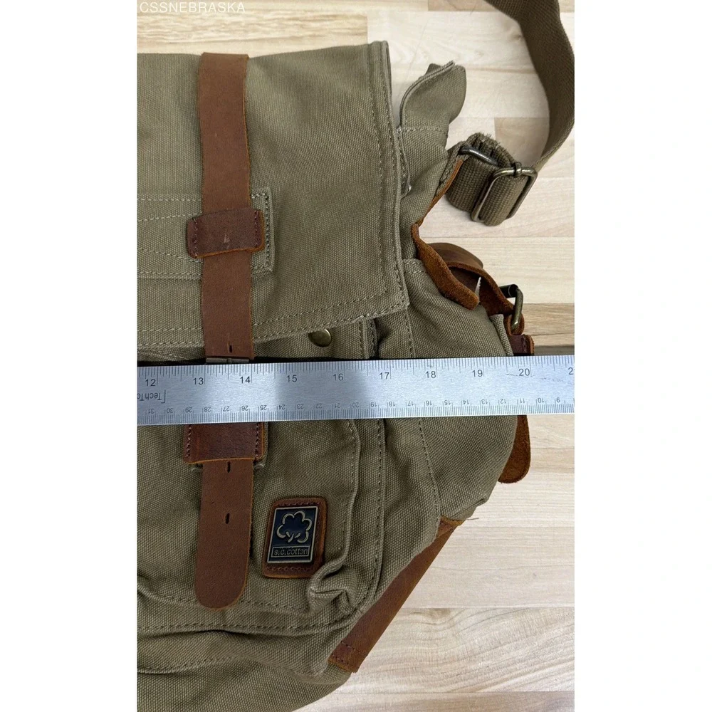 S.C. Cotton Olive Green Vintage 1038 Canvas Leather Messenger Bag Large NWT